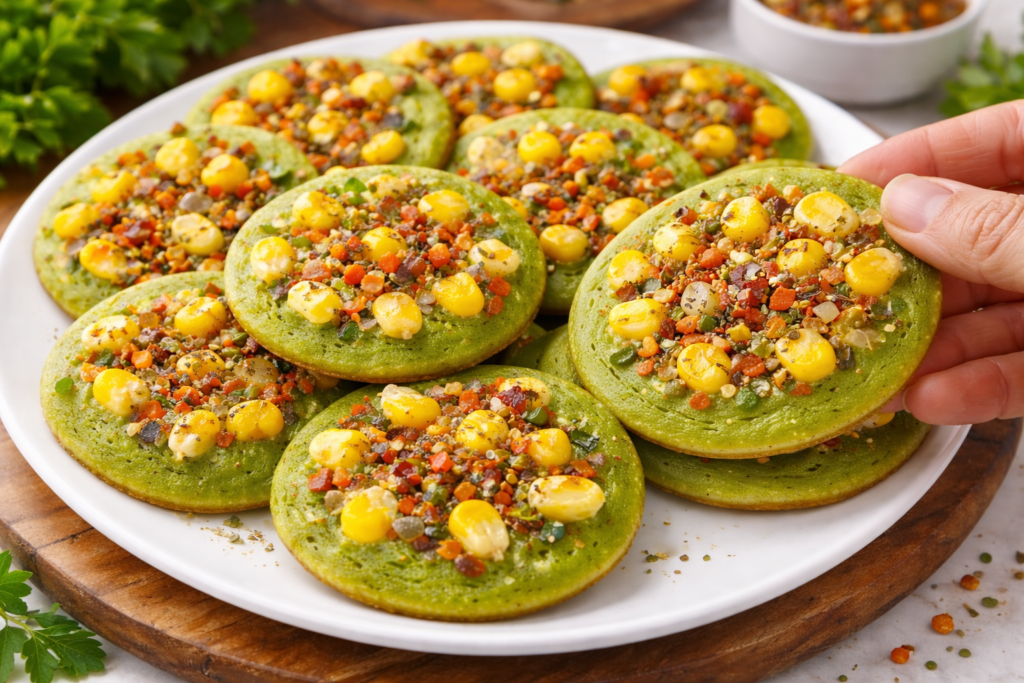 Green peas mini pancake served hot with chutney, soft inside and crispy edges