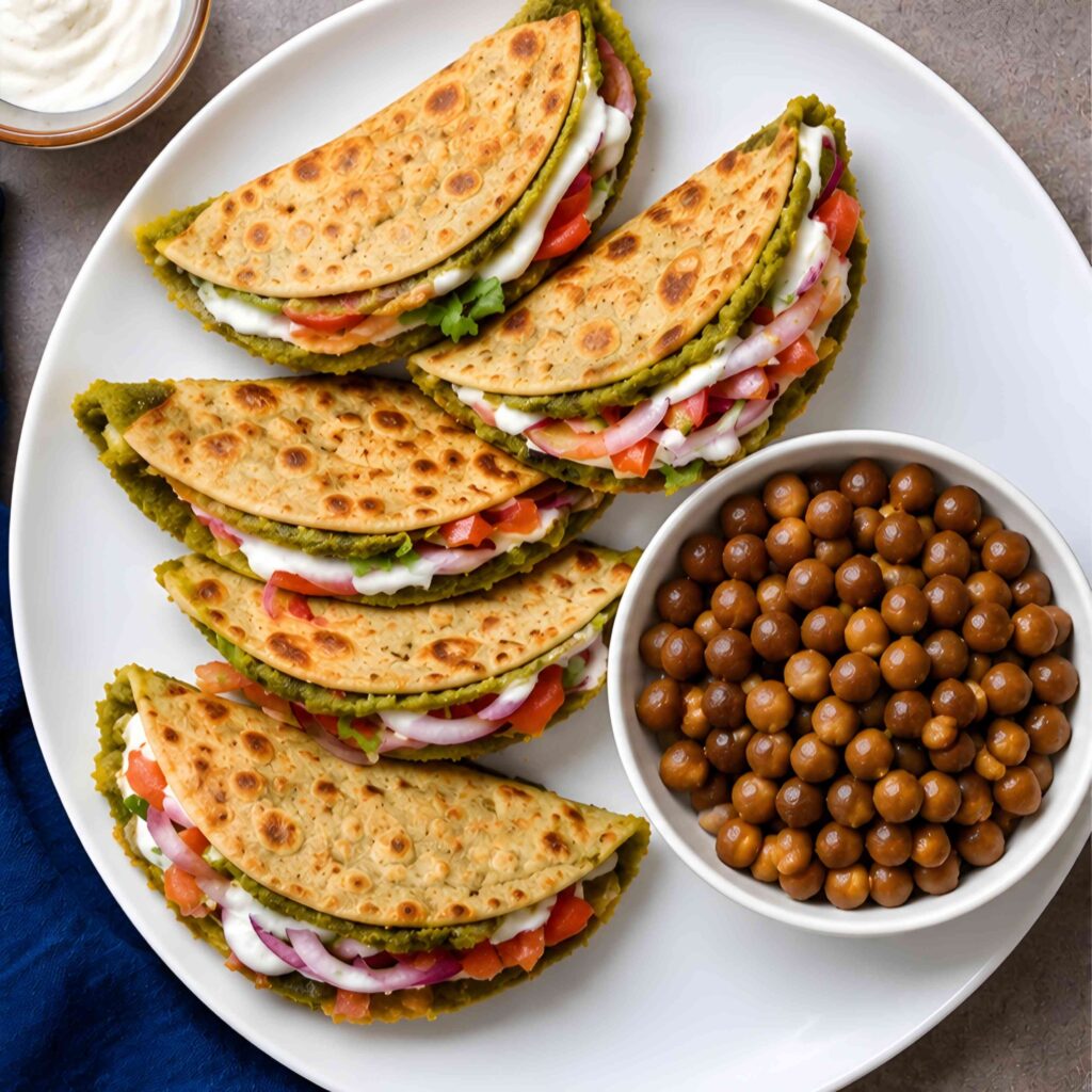 Crispy high protein veg tacos recipe with yogurt dip and fresh vegetables served on white plate.