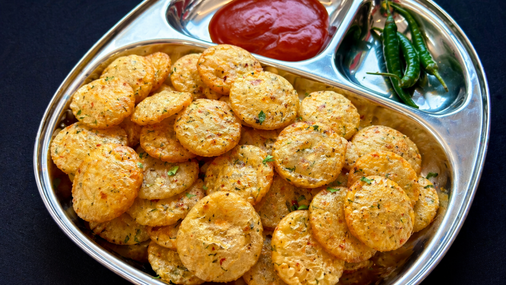 28A219C5-A81D-4312-A79D-E9196FBCC4F9 Crispy potato fry recipe served on a steel plate with ketchup and green chilies
